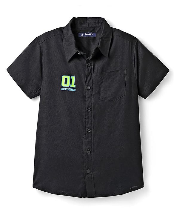 Pine Kids Viscose Woven Half Sleeves Shirt with T-Shirt & Text Print - Black & Green