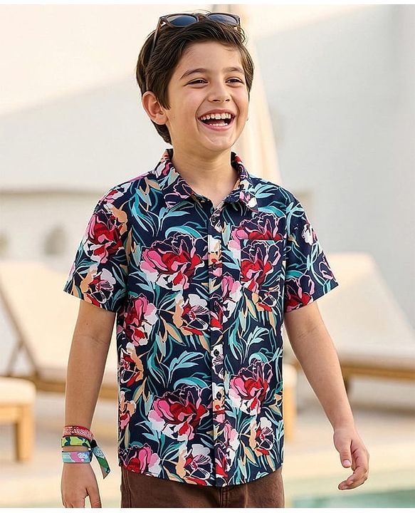 Pine Kids Cotton Woven Half Sleeves Floral Print Shirt - Multicolour