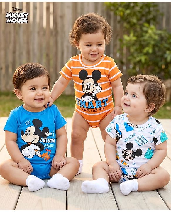Babyhug Disney Interlock Knit Half Sleeves Onesies With Mickey Mouse Graphics Pack Of 3 - Blue White & Orange