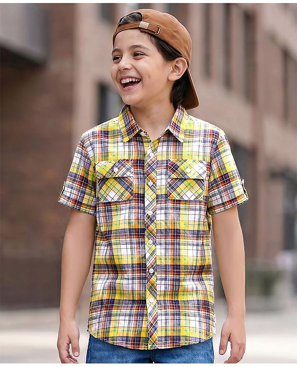 Pine Kids Cotton Woven Half Sleeves Checked Shirt - Yellow
