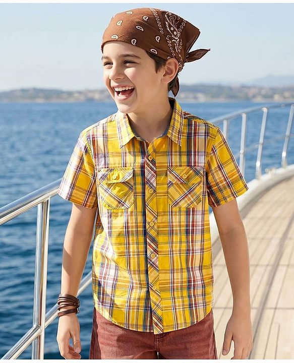 Pine Kids Cotton Woven Half Sleeves Checked Shirt - Yellow