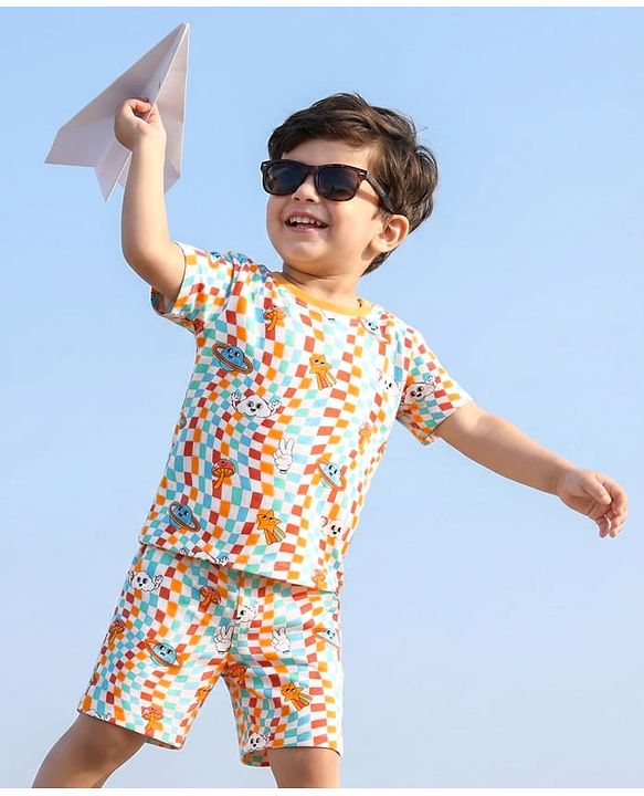 Babyhug Single Jersey Knit Half Sleeves T-Shirt & Shorts Co-Ord Set with Space Theme Print - Yellow