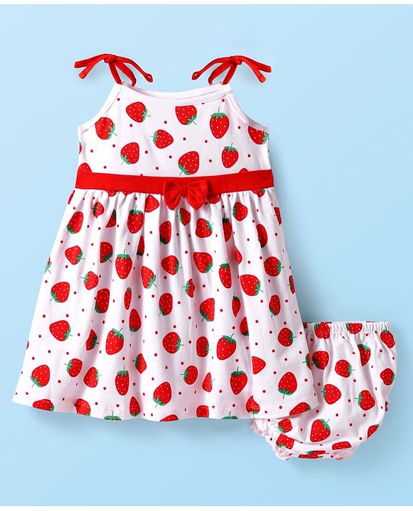 Babyhug Cotton Woven Sleeveless Strawberry Printed Frock With Bow Applique & Bloomer - White