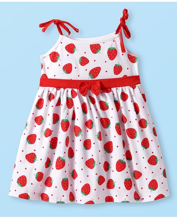 Babyhug Cotton Woven Sleeveless Strawberry Printed Frock With Bow Applique & Bloomer - White
