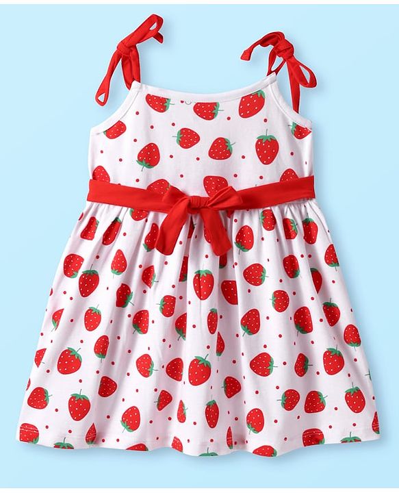 Babyhug Cotton Woven Sleeveless Strawberry Printed Frock With Bow Applique & Bloomer - White