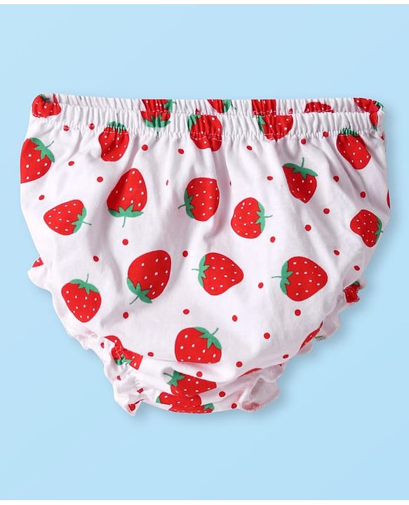 Babyhug Cotton Woven Sleeveless Strawberry Printed Frock With Bow Applique & Bloomer - White