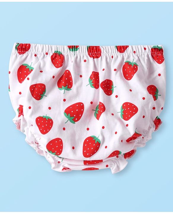 Babyhug Cotton Woven Sleeveless Strawberry Printed Frock With Bow Applique & Bloomer - White