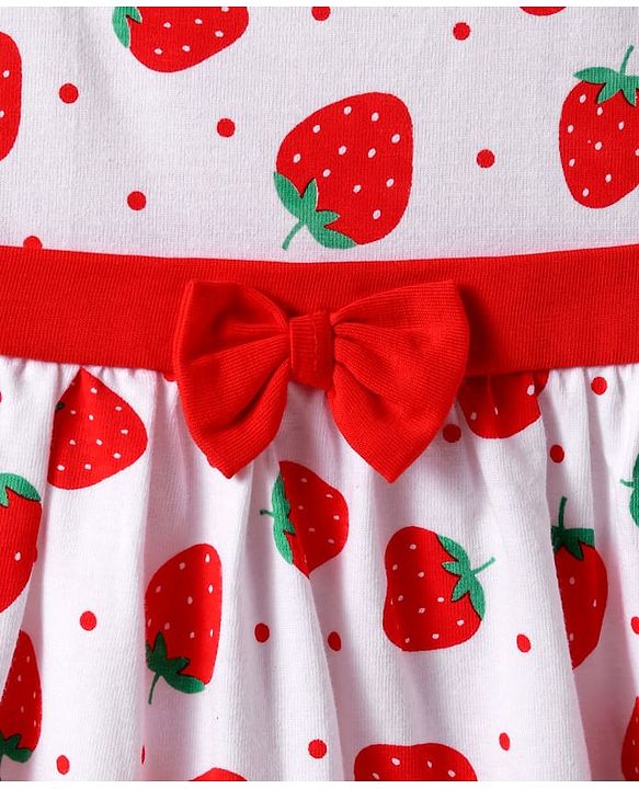 Babyhug Cotton Woven Sleeveless Strawberry Printed Frock With Bow Applique & Bloomer - White