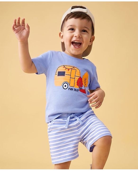 Babyhug 100% Cotton Single Jersey Knit Half Sleeves T-Shirt & Shorts Set with Fun Trip Print - Lavender