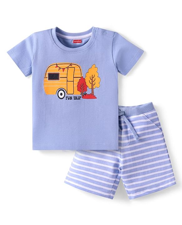 Babyhug Single Jersey Knit Half Sleeves T-Shirt & Shorts Set with Fun Trip Print - Lavender
