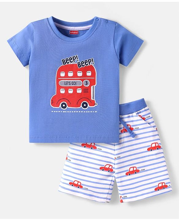 Babyhug Single Jersey Knit Half Sleeves T-Shirt & Shorts Set with Car Print - Light Blue