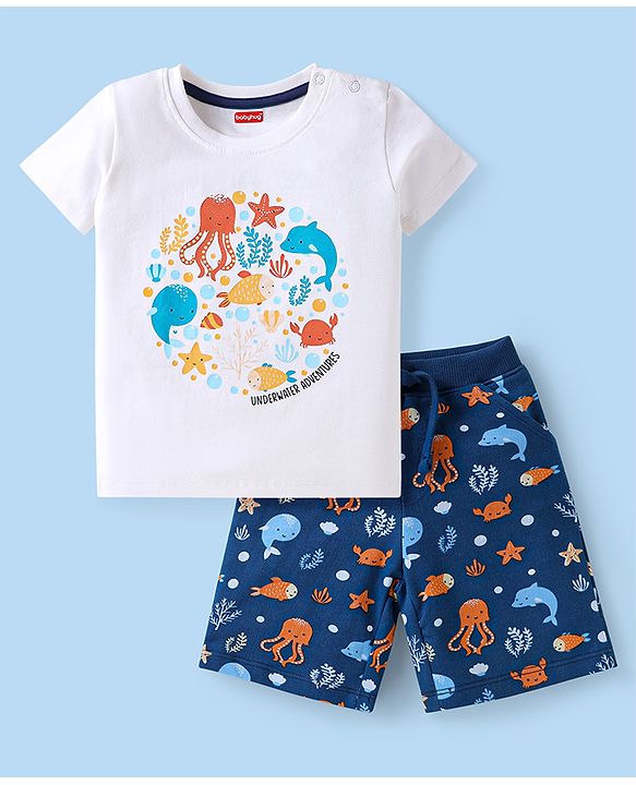 Babyhug Single Jersey Knit Half Sleeves T-Shirt & Shorts Set with Sea Life Print - Navy Blue & White