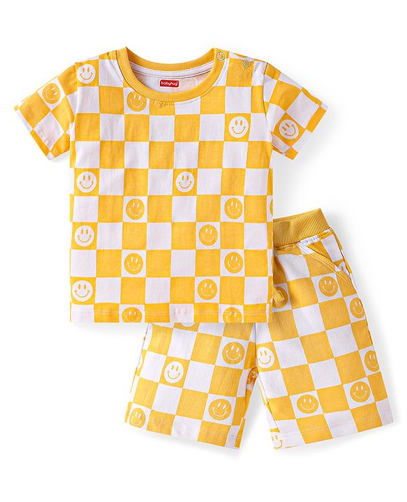 Babyhug Single Jersey Knit Half Sleeves Co-ords Checkered T-Shirt & Shorts Set with Smiley Print - Yellow