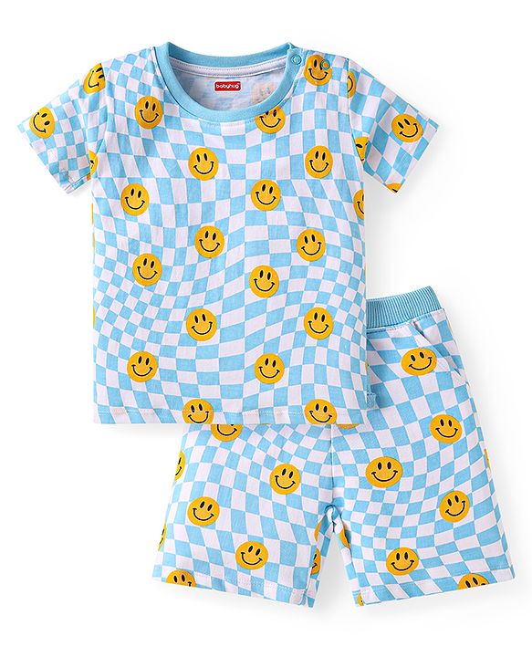 Babyhug Single Jersey Knit Half Sleeves Co-ords T-Shirt & Shorts Set with Smiley Print - Light Blue