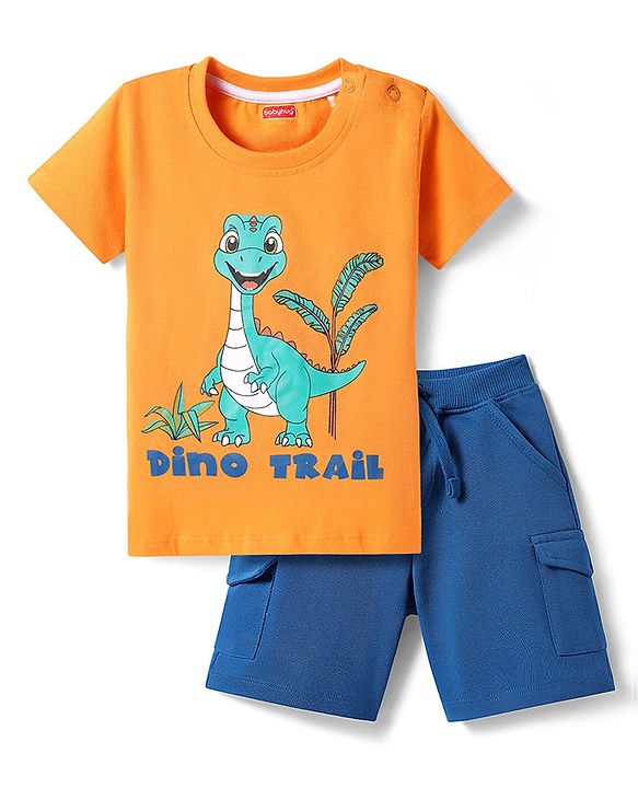 Babyhug Single Jersey Knit Half Sleeves T-Shirt & Shorts with Dino Print - Orange & Navy Blue