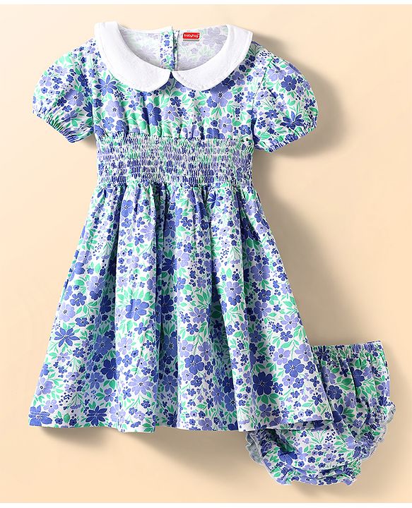 Babyhug Cotton Knit Half Puffed Sleeves Floral Printed Peter Pan Collared Frock with Bloomer & Smocking - Light Blue