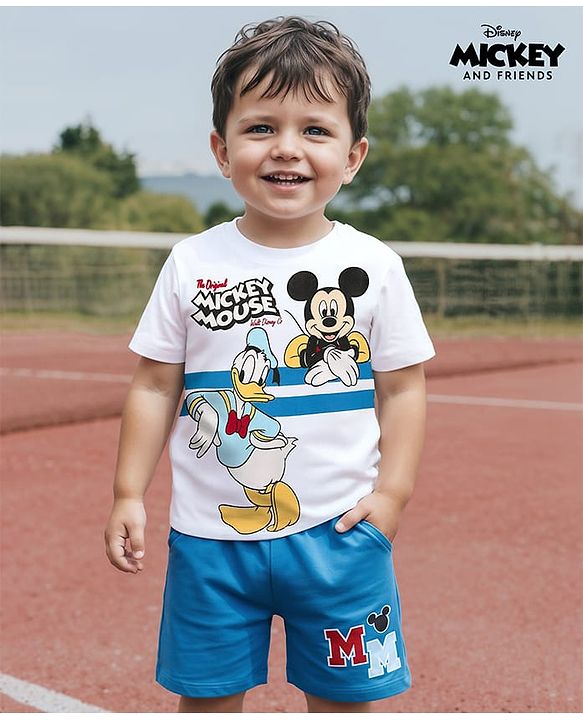 Babyhug Disney Single Jersey Knit Half Sleeves T-Shirt & Shorts Set With Mickey Mouse & Family Graphics - White & Blue