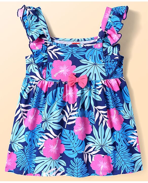 Babyhug Cotton Woven Frill Sleeves Frock with Floral Print & Bow Applique - Navy Blue