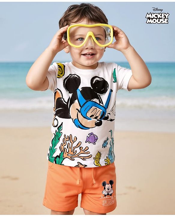 Babyhug Disney Single Jersey Knit Half Sleeves T-Shirt & Shorts Set With Mickey Mouse & Family Graphics - White & Orange