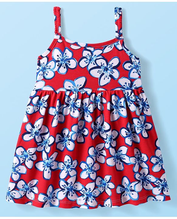 Babyhug Cotton Woven Singlet Sleeves Dress With Floral Print - Red