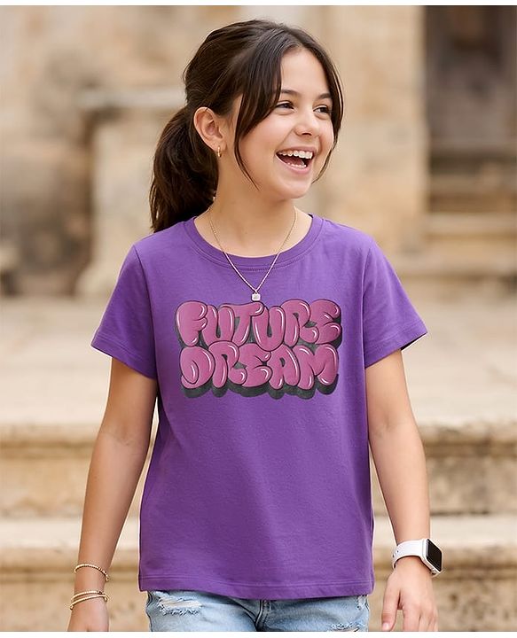 Pine Kids Cotton Knit Half Sleeves T-Shirt with Future Dream Text Print - Purple