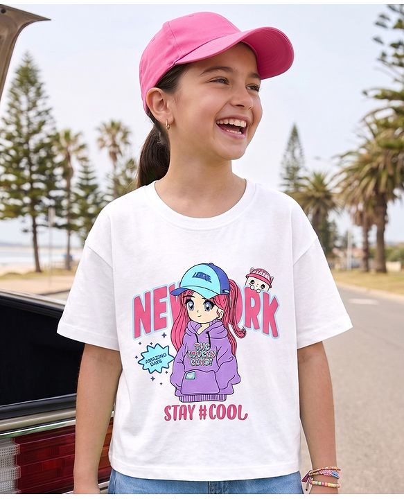 Pine Kids Cotton Knit Half Drop Shoulder Sleeves T-Shirt with Text Print - White