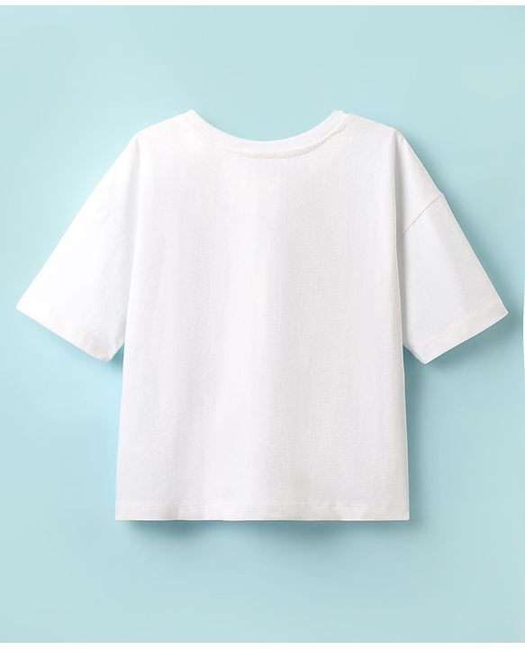 Pine Kids Cotton Knit Half Drop Shoulder Sleeves T-Shirt with Text Print - White
