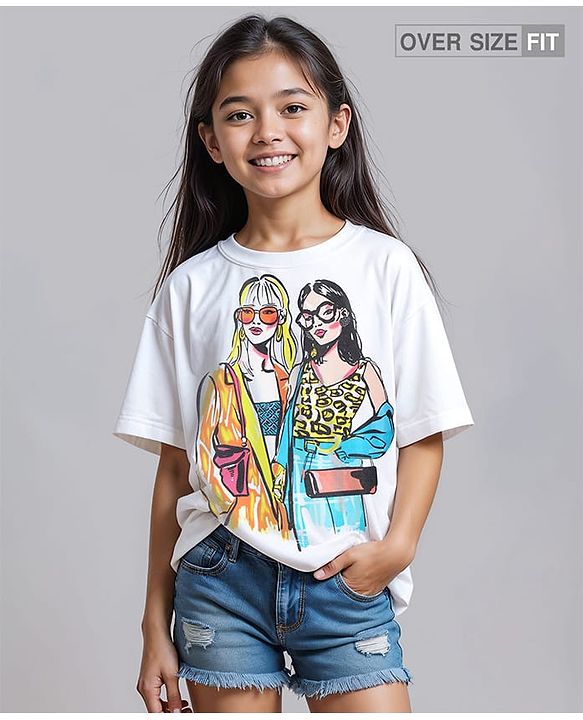 Pine Kids Cotton Knit Half Sleeves Oversized Drop Shoulder T-Shirt With Human Graphic Print - White