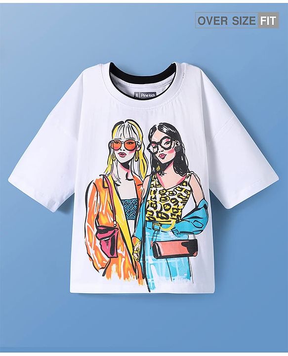 Pine Kids Cotton Knit Half Sleeves Oversized Drop Shoulder T-Shirt With Human Graphic Print - White