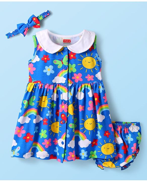 Babyhug Cotton Woven Sleeveless Floral & Butterfly Printed Frock With Bloomer & Headband - Blue