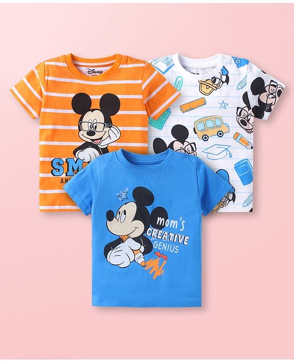 Babyhug Disney Single Jersey Knit Half Sleeves T-Shirts With Mickey Mouse Graphics Pack Of 3 - Blue & White