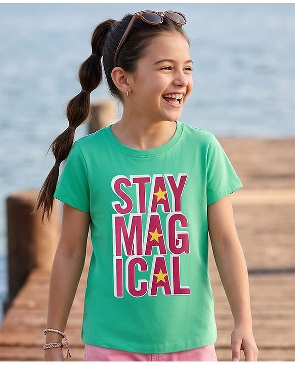 Pine Kids Cotton Knit Half Sleeves T-Shirt with Text Print - Mint