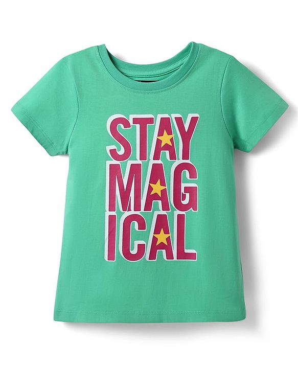 Pine Kids Cotton Knit Half Sleeves T-Shirt with Text Print - Mint