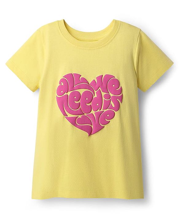 Pine Kids Cotton Knit Half Sleeves T-Shirt with Heart Print - Yellow