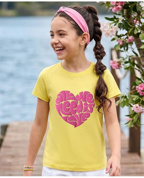 Pine Kids Cotton Knit Half Sleeves T-Shirt with Heart Print - Yellow