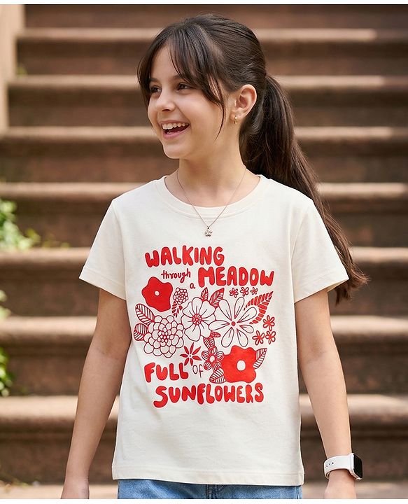 Pine Kids Cotton Knit Half Sleeves T-Shirt with Text & Floral Print - White