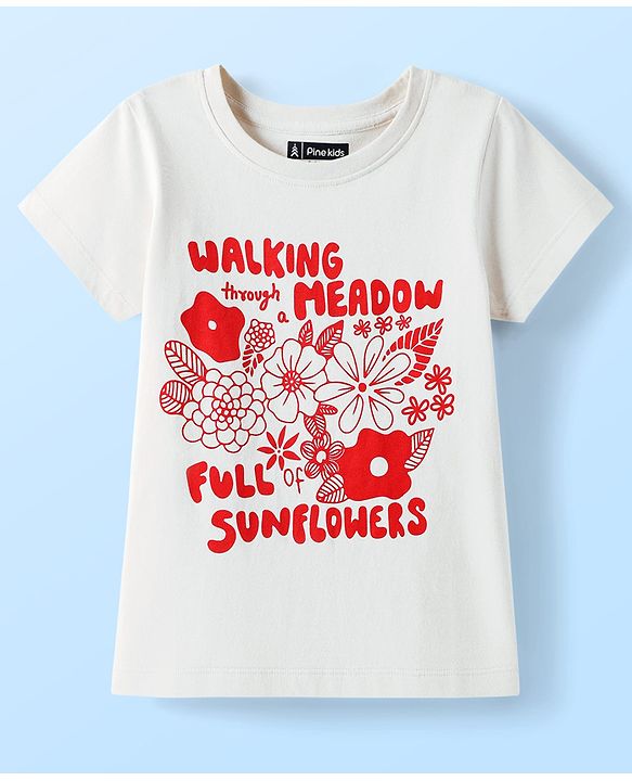 Pine Kids Cotton Knit Half Sleeves T-Shirt with Text & Floral Print - White