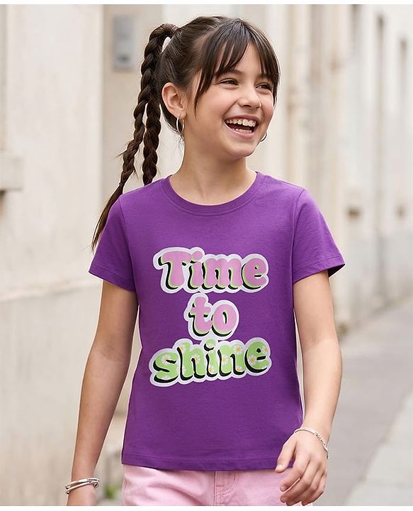 Pine Kids Cotton Knit Half Sleeves T-Shirt with Text Print - Purple
