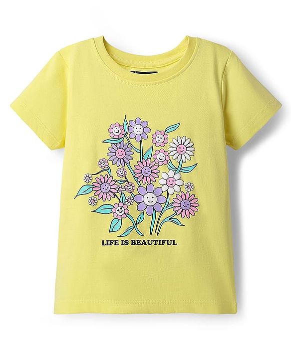Pine Kids Cotton Knit Half Sleeves T-Shirt with Floral Print - Lemon