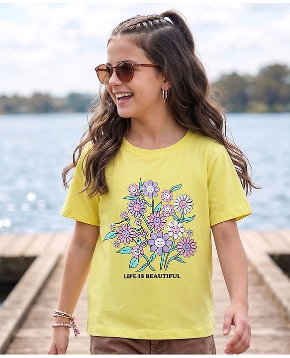 Pine Kids Cotton Knit Half Sleeves T-Shirt with Floral Print - Lemon