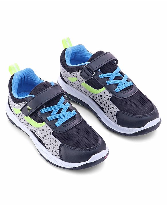 Pine Kids Velcro Closure Printed Sports Shoes - Black & Grey