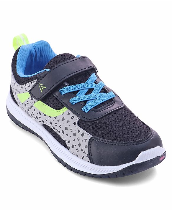Pine Kids Velcro Closure Printed Sports Shoes - Black & Grey