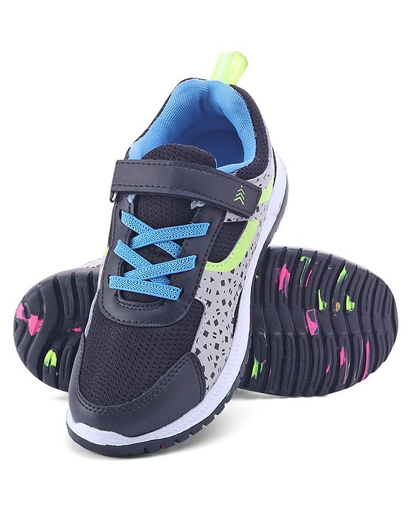 Pine Kids Velcro Closure Printed Sports Shoes - Black & Grey