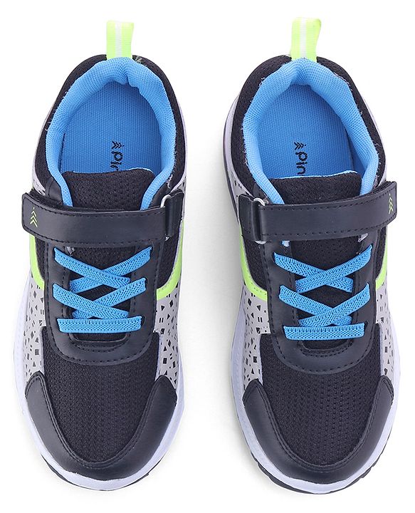 Pine Kids Velcro Closure Printed Sports Shoes - Black & Grey