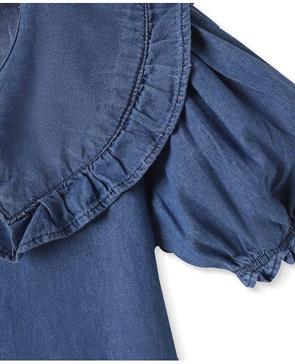 Pine Kids Cotton Woven Half Puffed Sleeves Solid Color Top with Frill Detailing - Navy Blue