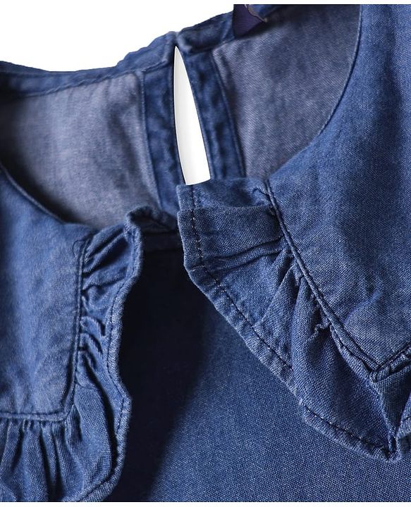 Pine Kids Cotton Woven Half Puffed Sleeves Solid Color Top with Frill Detailing - Navy Blue