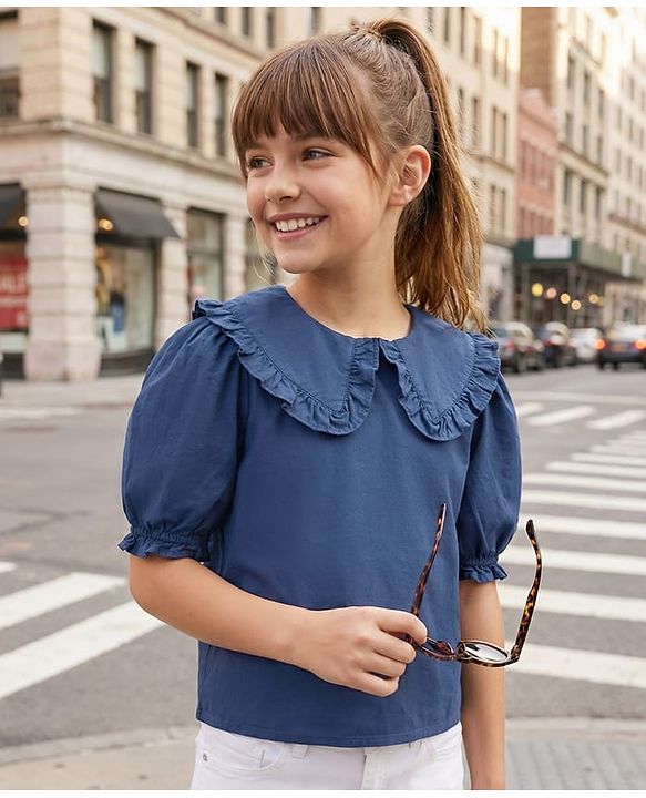 Pine Kids Cotton Woven Half Puffed Sleeves Solid Color Top with Frill Detailing - Navy Blue