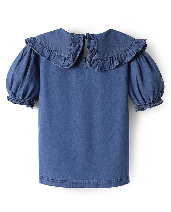 Pine Kids Cotton Woven Half Puffed Sleeves Solid Color Top with Frill Detailing - Navy Blue