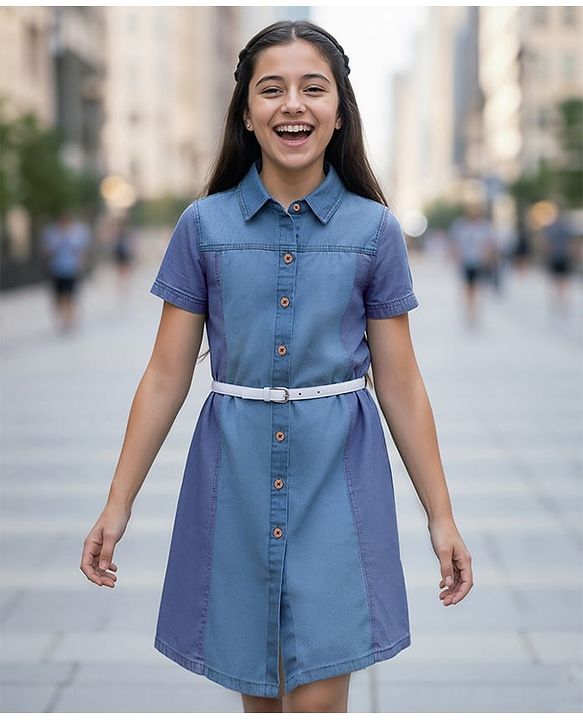 Pine Kids Cotton Woven Half Sleeves Cut & Sew Frock with Belt - Blue
