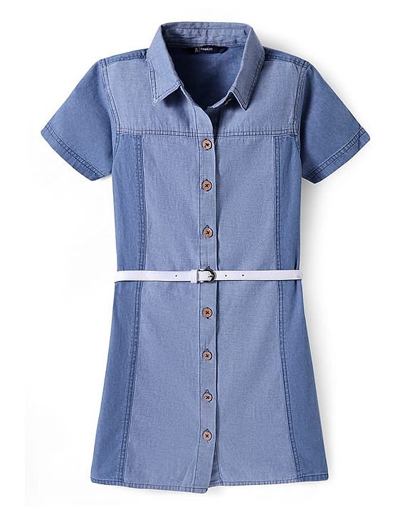 Pine Kids Cotton Woven Half Sleeves Cut & Sew Frock with Belt - Blue